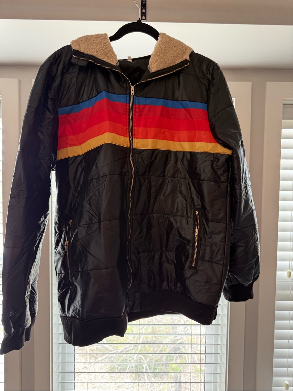Lightweight Black Puffer Jacket with Multicolor Stripe and Sherpa lined hood